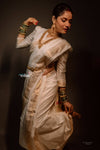 Ankita Lokhande's Choice ~ Authentic Pure Silk Handloom Nauvari Paithani Saree with Peacock Lotus Pallu in White (Available in Multicolor Peacock) - verymuchindian.com