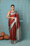 Anokhi ~ Handloom Pure Soft Silk Saree with Designer Pallu ~ Brick Red & Silver (Limited Edition) - verymuchindian.com