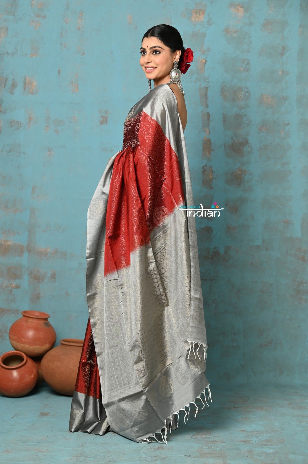Anokhi ~ Handloom Pure Soft Silk Saree with Designer Pallu ~ Brick Red & Silver (Limited Edition) - verymuchindian.com
