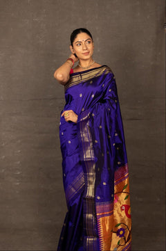 Aranya ~ Chandrakor Pure Silk Handloom Paithani with Parrot Floral Pallu in Royal Blue - verymuchindian.com