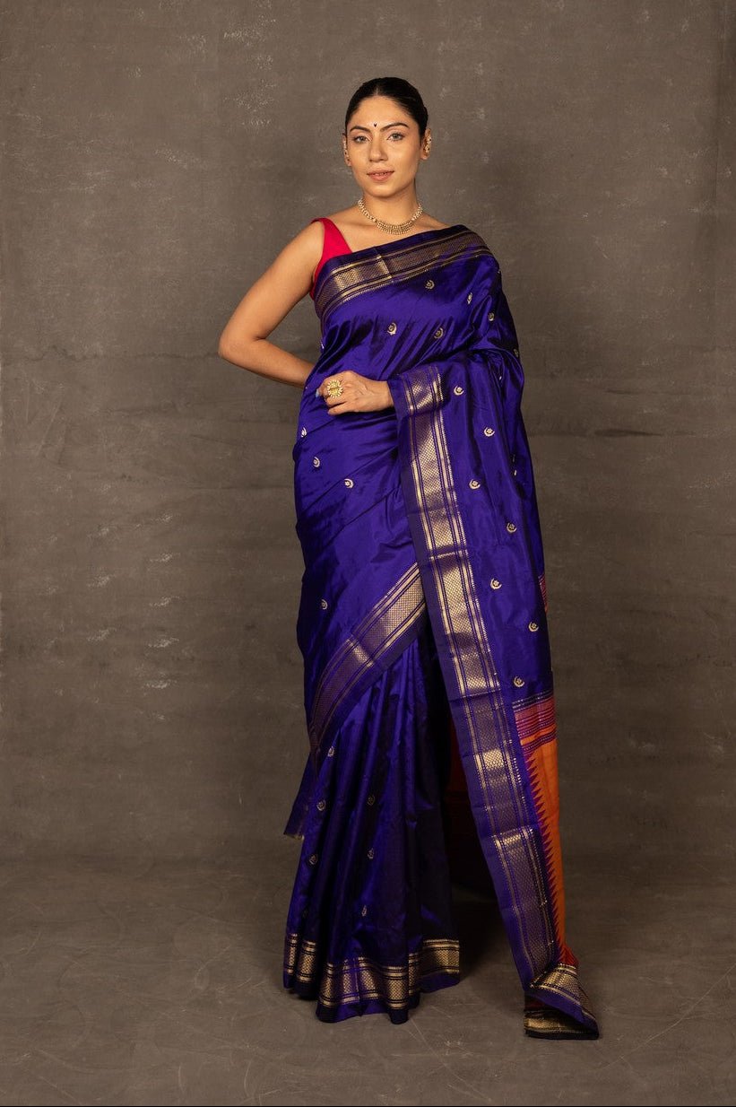 Aranya ~ Chandrakor Pure Silk Handloom Paithani with Parrot Floral Pallu in Royal Blue - verymuchindian.com