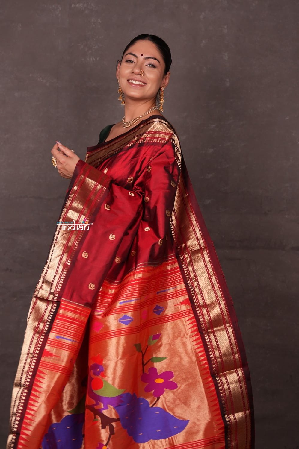 Aranya ~ Chandrakor! Pure Silk Handloom Paithani with Peacock Pallu in Maroon - verymuchindian.com
