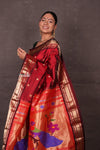 Aranya ~ Chandrakor! Pure Silk Handloom Paithani with Peacock Pallu in Maroon - verymuchindian.com