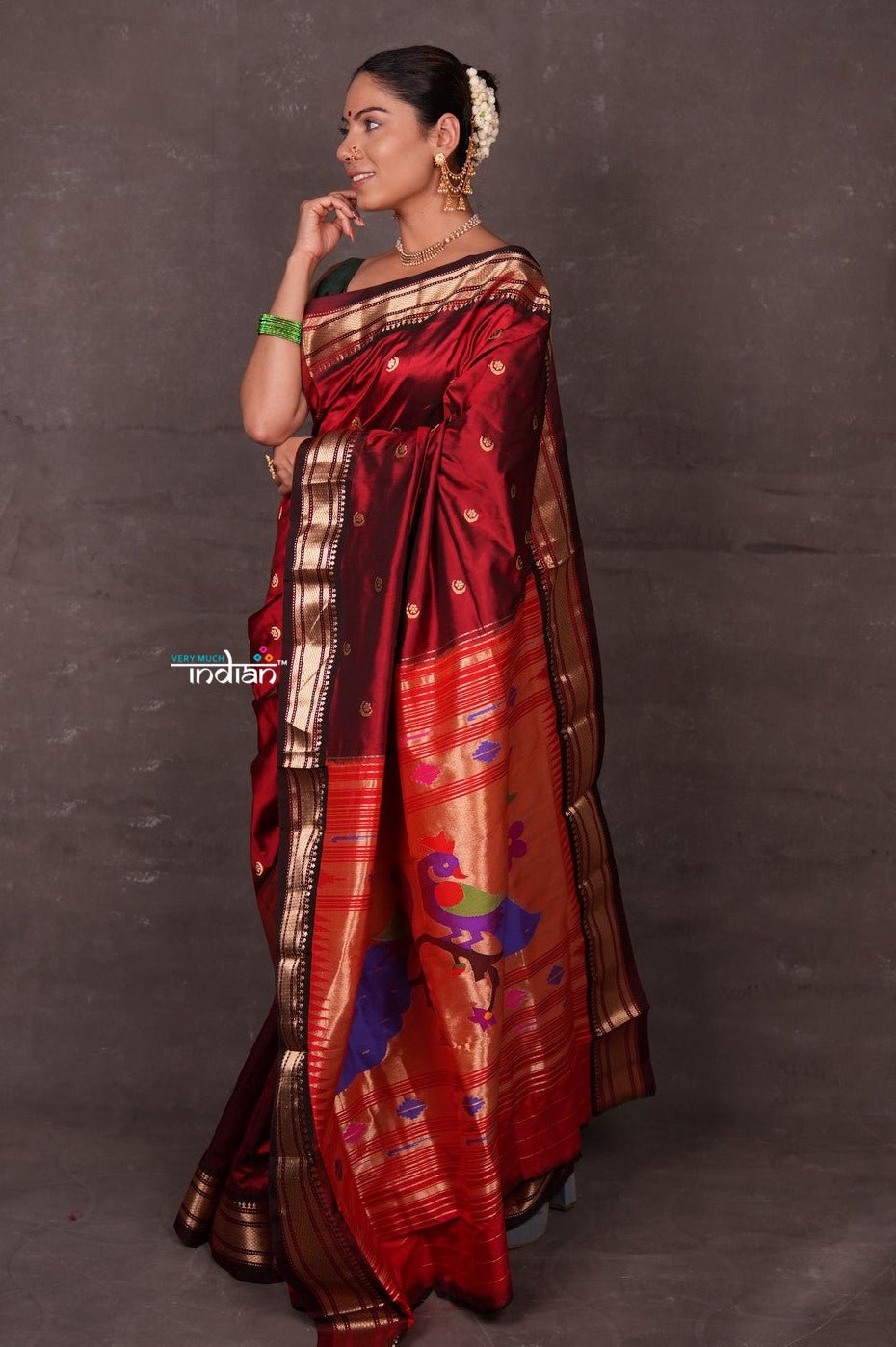 Aranya ~ Chandrakor! Pure Silk Handloom Paithani with Peacock Pallu in Maroon - verymuchindian.com