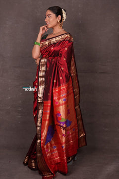 Aranya ~ Chandrakor! Pure Silk Handloom Paithani with Peacock Pallu in Maroon - verymuchindian.com