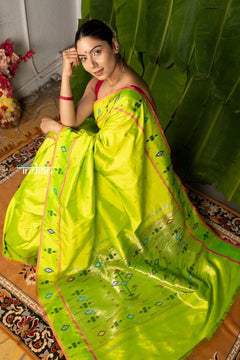 Aranya ~ Precious Heritage Paithani ! Pure Silk Handloom Baro Panja Paithani Saree in Lime Green - verymuchindian.com