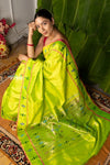 Aranya ~ Precious Heritage Paithani ! Pure Silk Handloom Baro Panja Paithani Saree in Lime Green - verymuchindian.com