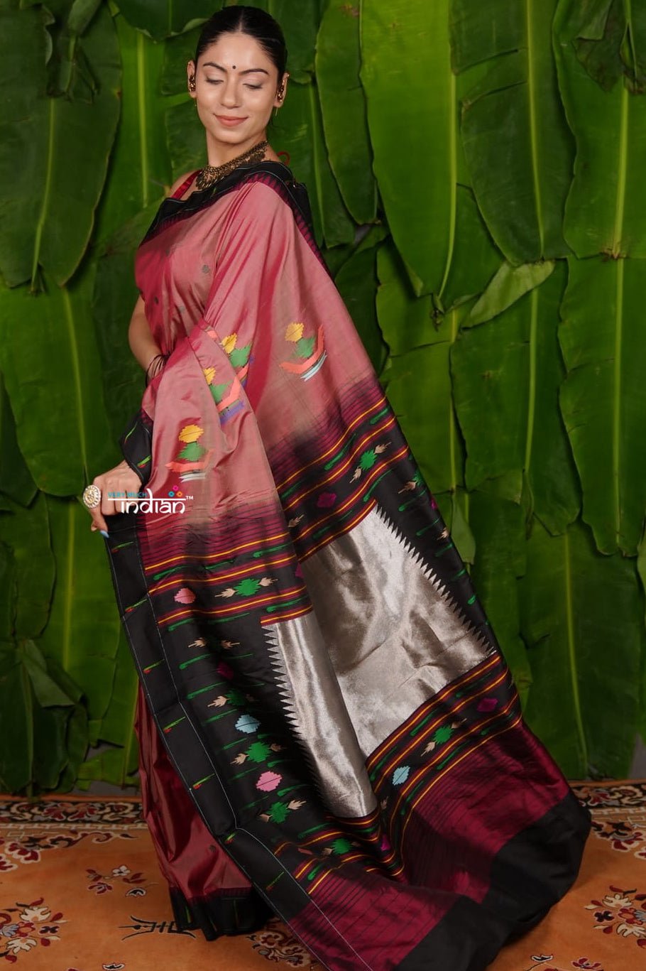 Aranya ~ Pure Silk Handloom Black Muniya Border Paithani with Asawali Tawa Pallu in Rustt - verymuchindian.com