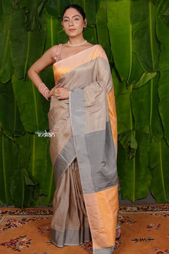 Aranya ~ Pure Silk Handloom Paithani in Peach & Dove Grey - verymuchindian.com