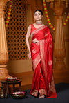 Ashnoor's Choice : Durva Premium~ Viscose Satin Hand-dyed Rangkaath Saree in Fierce Red - verymuchindian.com