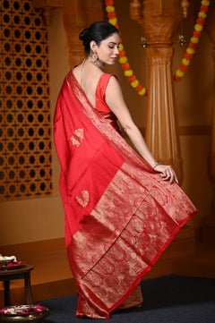 Ashnoor's Choice : Durva Premium~ Viscose Satin Hand-dyed Rangkaath Saree in Fierce Red - verymuchindian.com