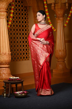 Ashnoor's Choice : Durva Premium~ Viscose Satin Hand-dyed Rangkaath Saree in Fierce Red - verymuchindian.com