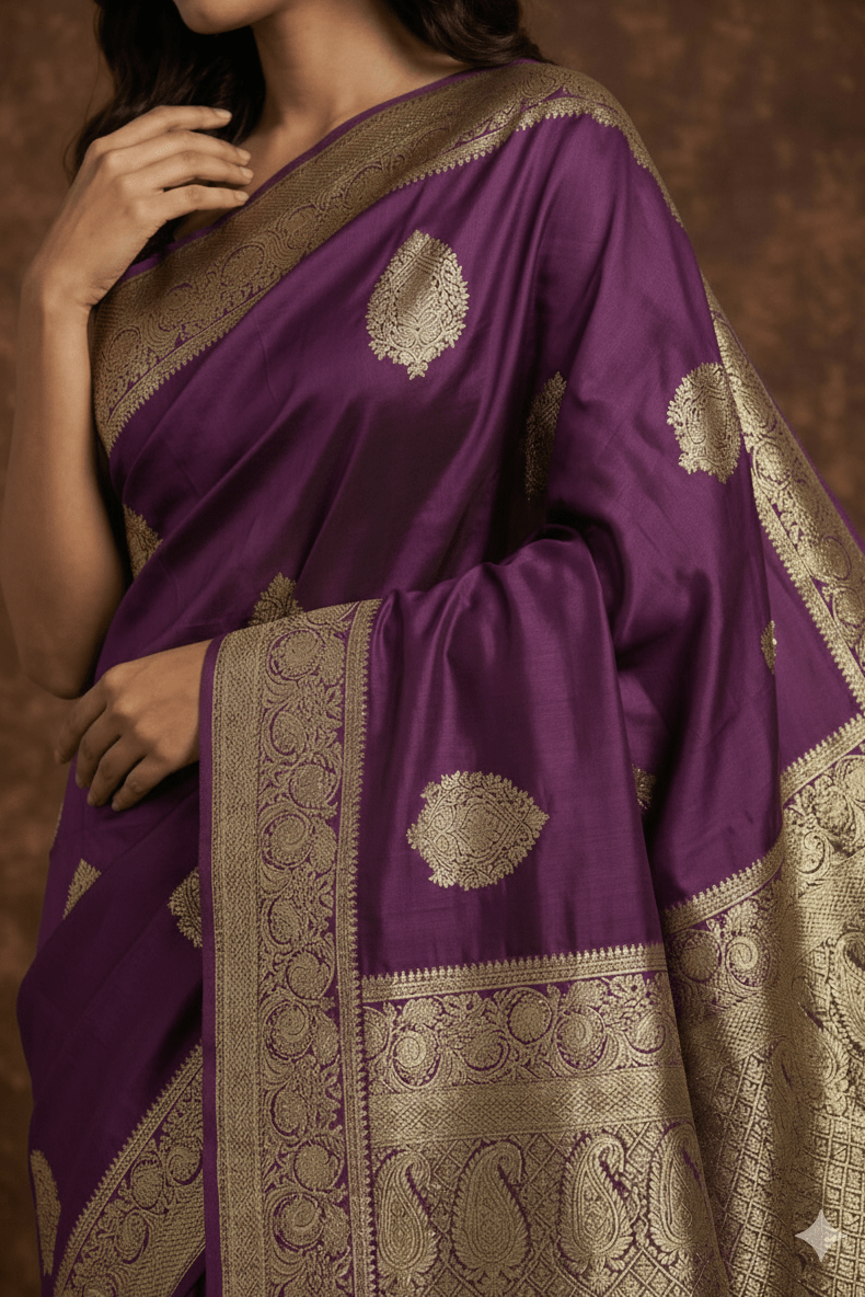 Ashnoor's Choice: Durva Premium~ Viscose Satin Hand-dyed Rangkaath Saree in Purple - verymuchindian.com