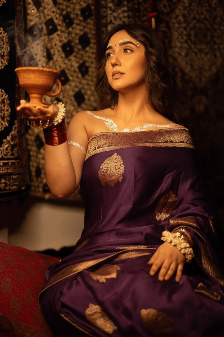 Ashnoor's Choice: Durva Premium~ Viscose Satin Hand-dyed Rangkaath Saree in Purple - verymuchindian.com