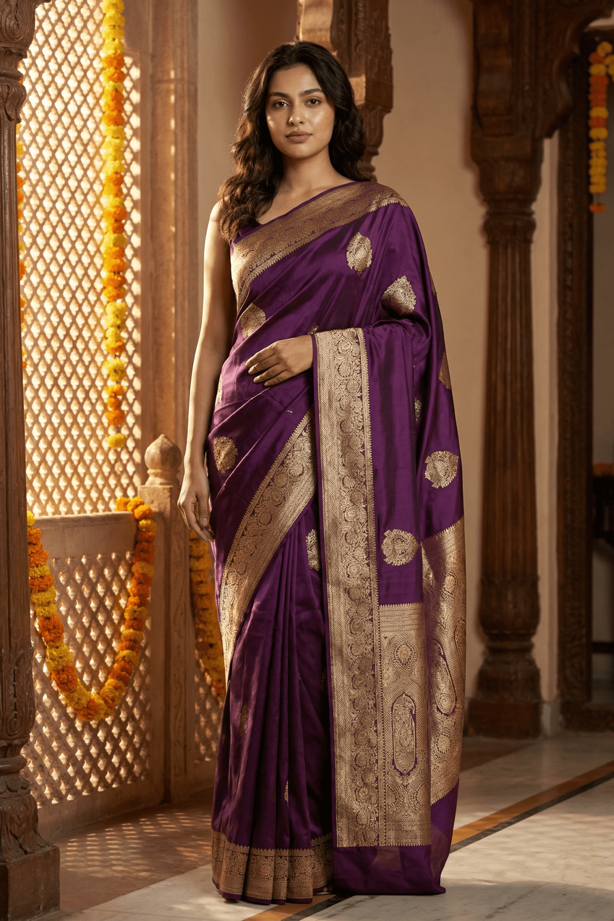 Ashnoor's Choice: Durva Premium~ Viscose Satin Hand-dyed Rangkaath Saree in Purple - verymuchindian.com