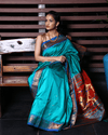 Authentic High Quality Pure Silk Paithani With Most Traditional Double Pallu~ Squalene Blue - verymuchindian.com
