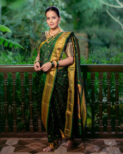 Authentic Pure Silk Handloom Nauvari Paithani Saree in Green - verymuchindian.com