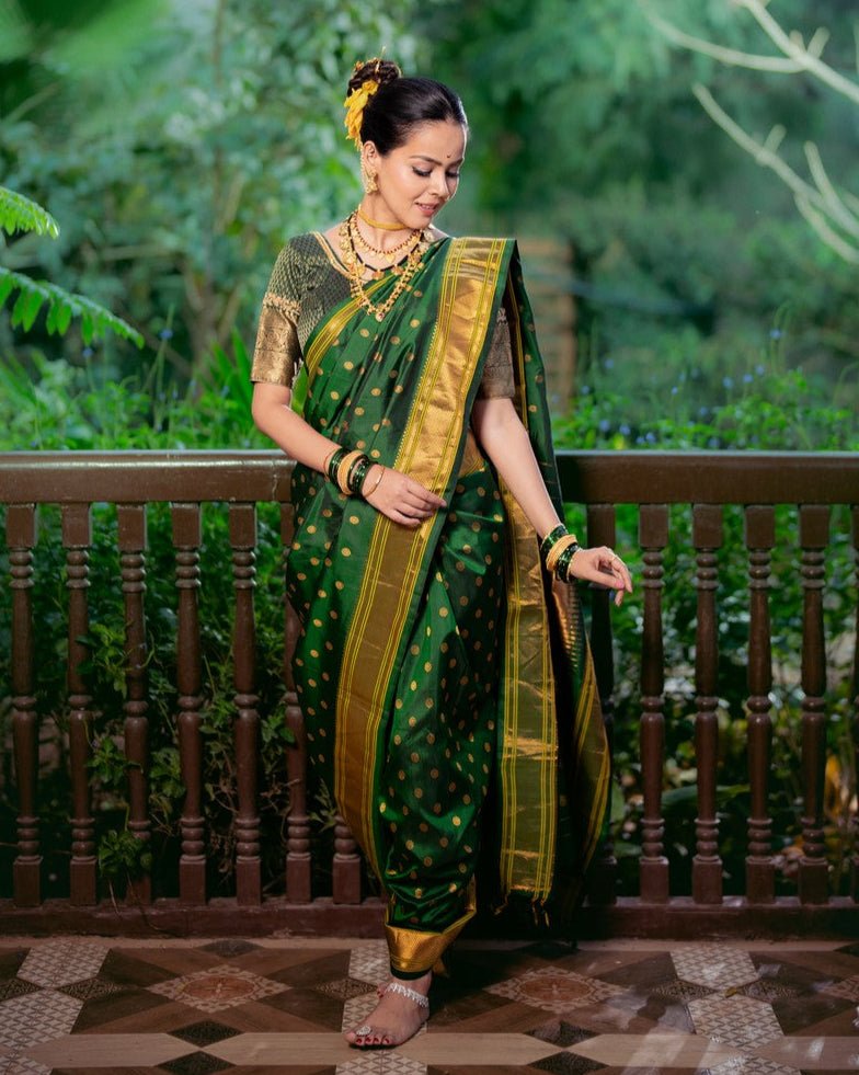 Authentic Pure Silk Handloom Nauvari Paithani Saree in Green - verymuchindian.com