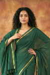 Pure Mul Cotton Handloom Sarees with Intricate Gold Borders ~ Dark Green