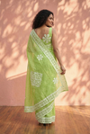 Sehaj ~ Exclusive Hand-Stitched Appliqué Weave Cotton Saree Floral Appliqué Pallu Fresh Green