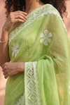 Sehaj ~ Exclusive Hand-Stitched Appliqué Weave Cotton Saree Floral Appliqué Pallu Fresh Green