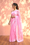 Sehaj ~ Exclusive Hand-Stitched Appliqué Weave Cotton Saree Floral Appliqué Pallu In CandyPink