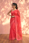 Sehaj ~ Exclusive Hand-Stitched Appliqué Weave Cotton Saree Floral Appliqué Pallu Red