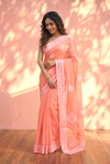 Sehaj ~ Exclusive Hand-Stitched Appliqué Weave Cotton Saree Floral Appliqué Pallu Coral Peach