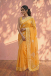 Sehaj ~ Exclusive Hand-Stitched Appliqué Weave Cotton Saree Floral Appliqué Pallu Orange