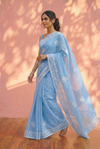 Sehaj ~ Exclusive Hand-Stitched Appliqué Weave Cotton Saree Floral Appliqué Pallu Powder Blue