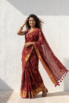 Mulmuli ~ Pure Mul Cotton Handloom Saree with All Over Floral Design in Maroon with Golden Border