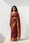 Mulmuli ~ Pure Mul Cotton Handloom Saree with All Over Floral Design in Maroon with Golden Border
