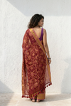 Mulmuli ~ Pure Mul Cotton Handloom Saree with All Over Floral Design in Maroon with Golden Border