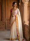 Pure Mul Cotton Handloom Saree with Golden Border - Offwhite pink