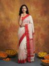 Handloom Cotton Silk Saree in White and Red with Elegant Silver Zari Border & Pallu