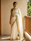 Pure Mul Cotton Handloom Saree with Golden Border - Offwhite Green