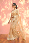 Sehaj ~ Exclusive Hand-Stitched Appliqué Weave Cotton Saree Floral Appliqué Pallu Soft Beige