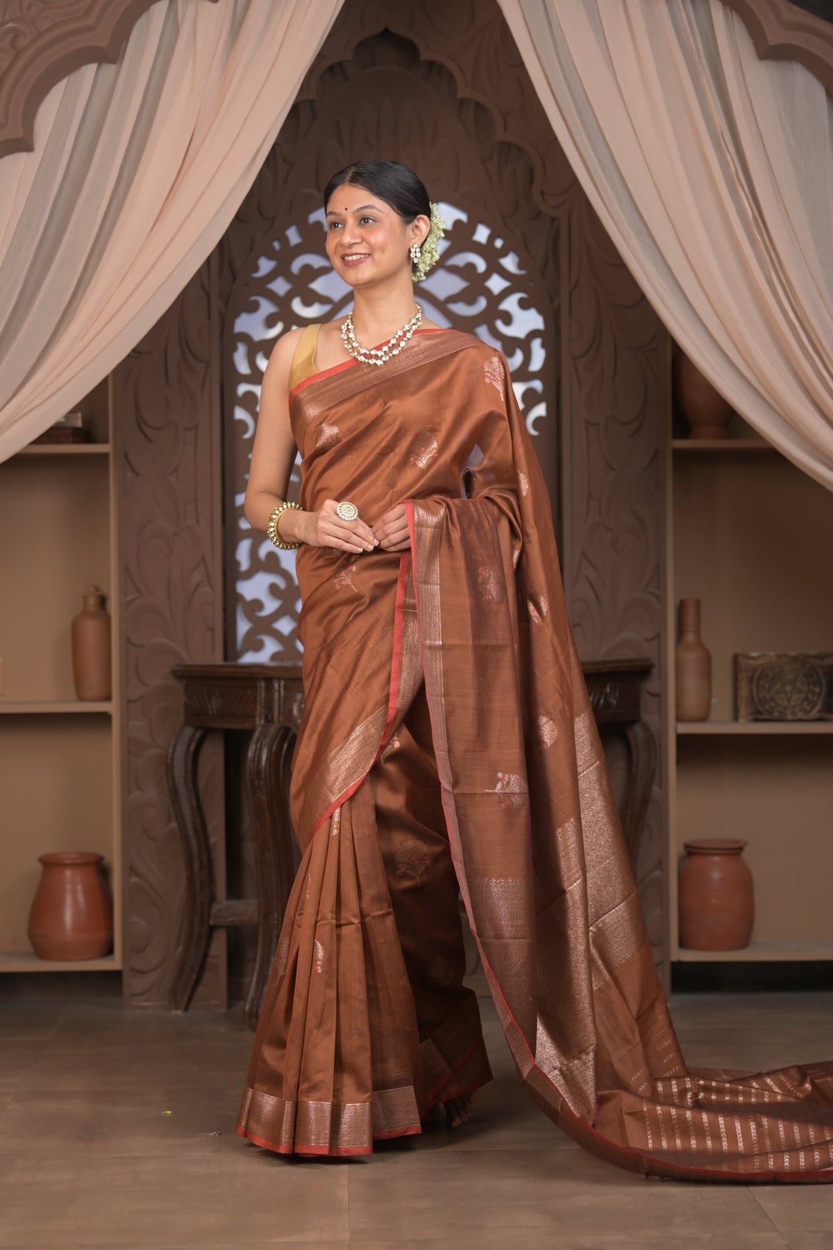 Bengal Gatha ~ Designer Chanderi Cotton Silk Saree in Brown - verymuchindian.com