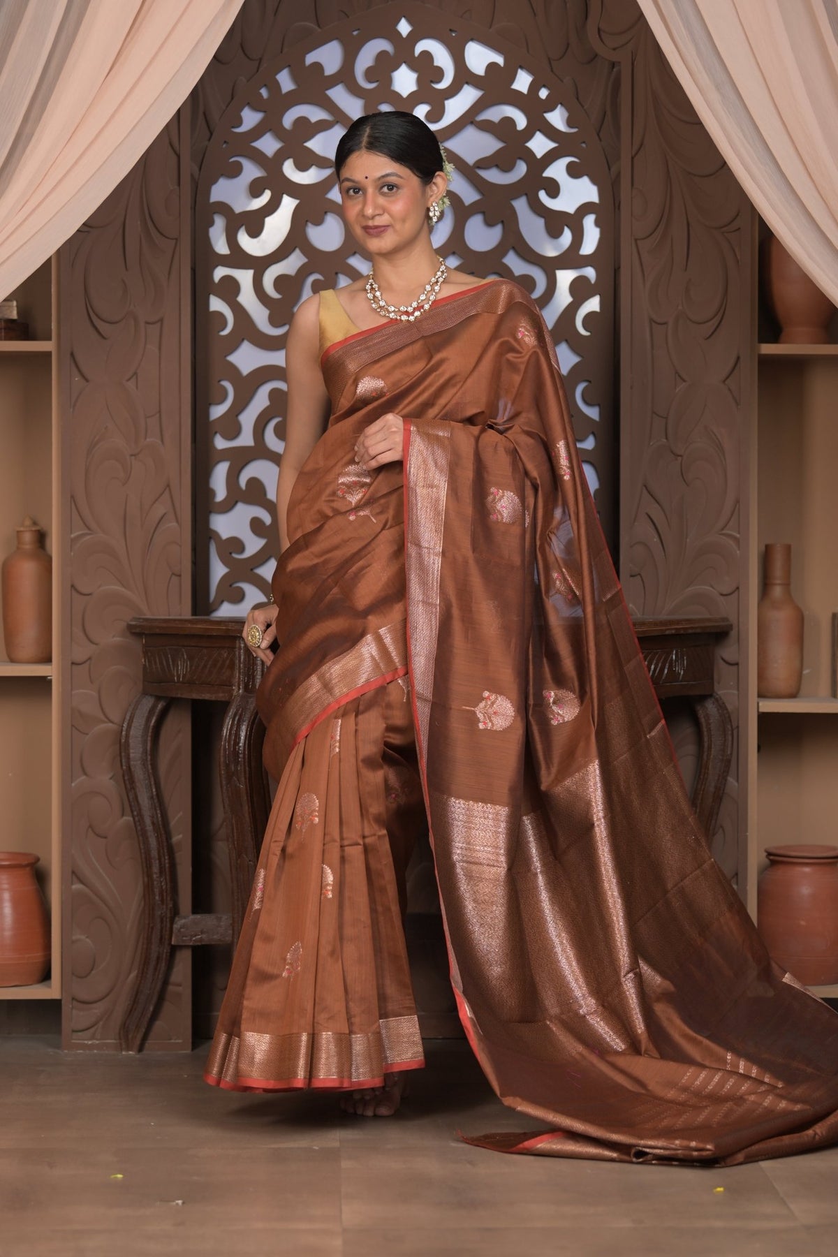 Bengal Gatha ~ Designer Chanderi Cotton Silk Saree in Brown - verymuchindian.com