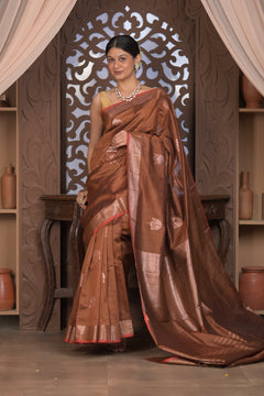 Bengal Gatha ~ Designer Chanderi Cotton Silk Saree in Brown - verymuchindian.com