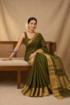 Bengal Gatha ~ Designer Chanderi Cotton Silk Saree in Olive Green and Gold - verymuchindian.com