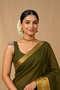 Bengal Gatha ~ Designer Chanderi Cotton Silk Saree in Olive Green and Gold - verymuchindian.com