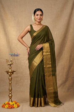 Bengal Gatha ~ Designer Chanderi Cotton Silk Saree in Olive Green and Gold - verymuchindian.com