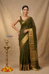 Bengal Gatha ~ Designer Chanderi Cotton Silk Saree in Olive Green and Gold - verymuchindian.com