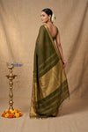 Bengal Gatha ~ Designer Chanderi Cotton Silk Saree in Olive Green and Gold - verymuchindian.com