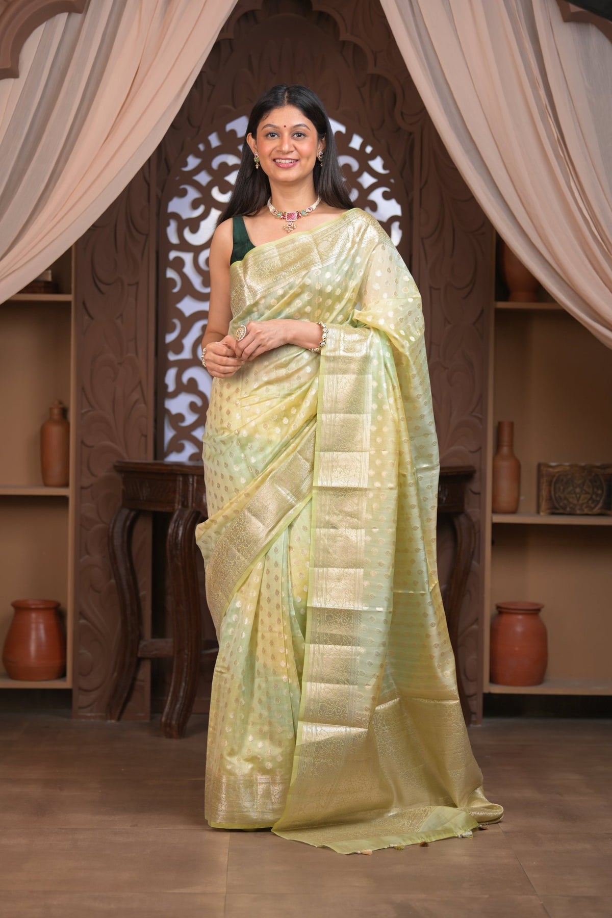 Bengal Gatha ~ Designer Chanderi Cotton Silk Saree with Circular Pattern in Champagne Yellow - verymuchindian.com