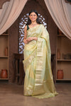 Bengal Gatha ~ Designer Chanderi Cotton Silk Saree with Circular Pattern in Champagne Yellow - verymuchindian.com