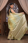 Bengal Gatha ~ Designer Chanderi Cotton Silk Saree with Circular Pattern in Champagne Yellow - verymuchindian.com
