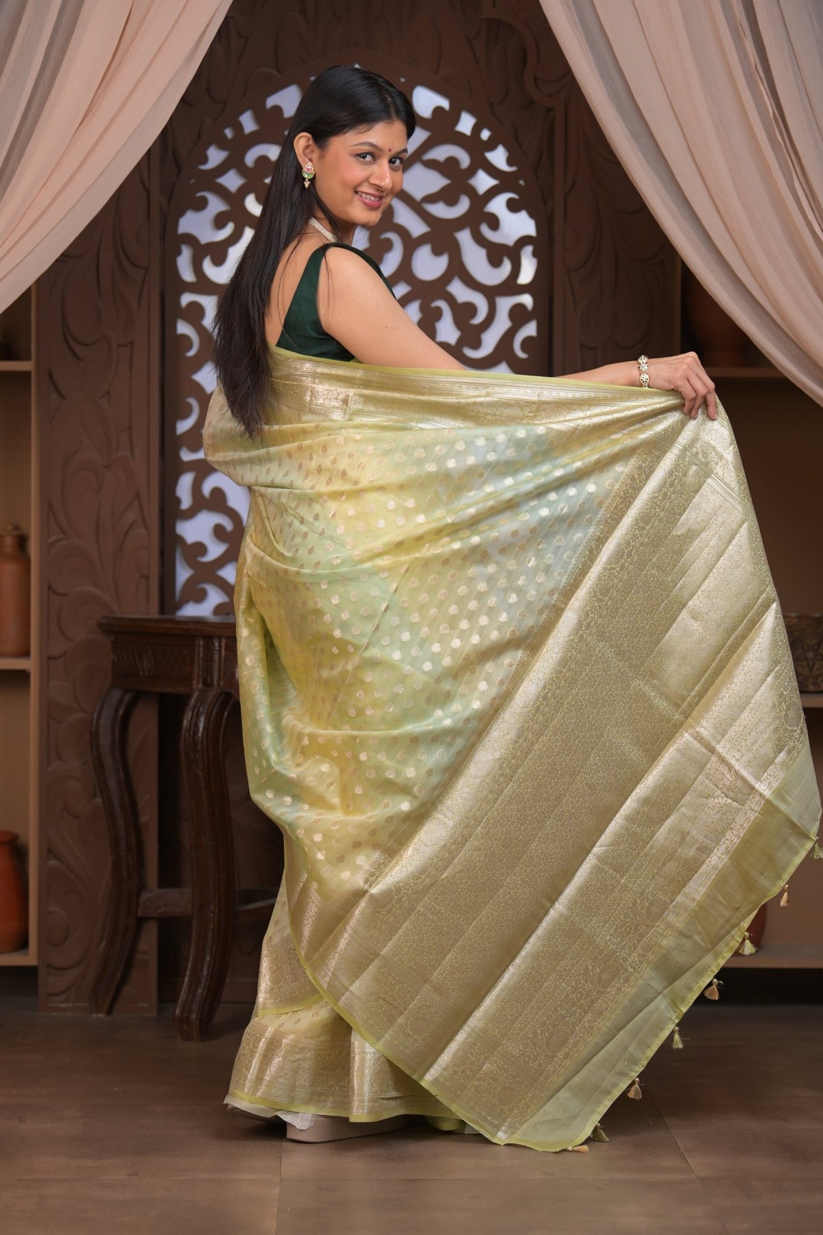 Bengal Gatha ~ Designer Chanderi Cotton Silk Saree with Circular Pattern in Champagne Yellow - verymuchindian.com