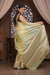Bengal Gatha ~ Designer Chanderi Cotton Silk Saree with Circular Pattern in Champagne Yellow - verymuchindian.com